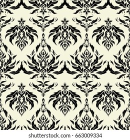 Ikat damask seamless pattern background tile in a black and neutral colors.