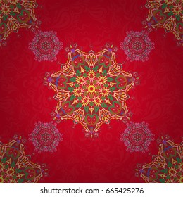 Ikat damask seamless pattern background tile in a green, beige and red colors.