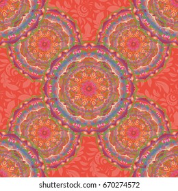 Ikat damask seamless pattern background tile in a beige and orange colors.