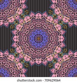 Ikat damask seamless pattern background tile in a yellow, violet and pink colors.