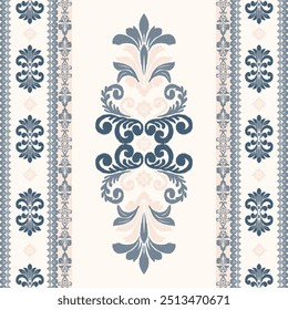 Ikat projeta com intrincado floral os motivos repetitivos. A paleta de cores consiste em blues macios e cremes, dando-lhe uma sensação elegante e clássica, semelhante ao papel de parede tradicional ou desenhos de tecido.