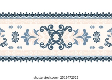 Ikat projeta com intrincado floral os motivos repetitivos. A paleta de cores consiste em blues macios e cremes, dando-lhe uma sensação elegante e clássica, semelhante ao papel de parede tradicional ou desenhos de tecido.