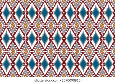 Ikat is a distinctive and intricate textile pattern characterized by its blurred, feathered edges, created through a resist-dyeing technique applied to the yarns before weaving. 