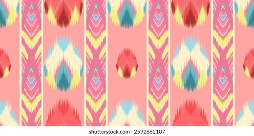 Ikat Easter eggs seamless pattern for fabric, painting, printing, textiles, traditional crafts, classic style, clothing design, bed linens, wall décor, and interior decoration.