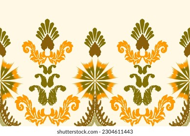Ikat embroidered on yellow background, traditional geometric ethnic pattern, Aztec style abstract vector illustration.