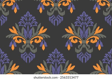 Ikat embroidery on black background. Traditional geometric oriental ethnic pattern. Abstract Aztec style vector illustration.