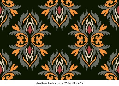 Ikat embroidery on black background. Traditional geometric oriental ethnic pattern. Abstract Aztec style vector illustration.