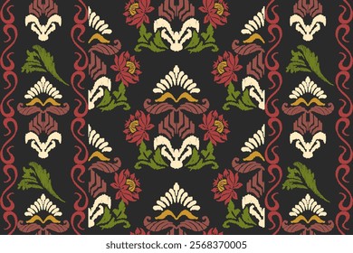 Ikat embroidery on black background. Traditional geometric oriental ethnic pattern. Abstract Aztec style vector illustration.