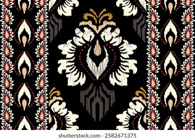 Ikat embroidery on black background. Traditional geometric oriental ethnic pattern. Abstract Aztec style vector illustration.