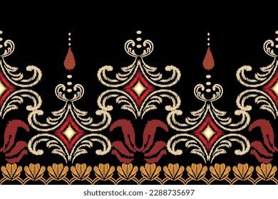 Ikat embroidery on black background.geometric ethnic oriental pattern traditional.Aztec style abstract vector illustration.