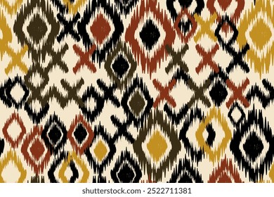 Ikat bordado en la tela sin patrón, diseño, motivo étnico hecho a mano, tribal étnico Ikat, Fondo de pantalla sin costuras de colores boho. Arte de fondo abstracto de Ikat étnico, tarjetas de felicitación, impresión 