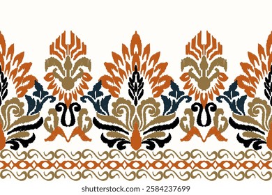 Ikat embroidery on white background. Traditional ethnic ikat, aztec abstract vector pattern, seamless pattern in tribal, folk embroidery and mexican style.