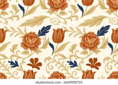 Patrón de bordado Ikat. Patrón floral étnico sin fisuras con rosas, tulipanes y hojas en estilo vintage. Abstractas diseño tradicional de la tela para la tela, la ropa, el Fondo de pantalla.