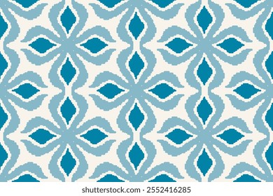 Ikat embroidery seamless pattern with symmetric geometric ornament. Damask mosaic texture. Kaleidoscope abstract background. Aztec-style vector illustration. Design for texture, fabric, clothing