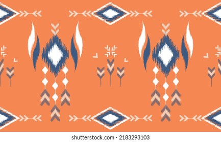 Ikat arrière-plan ethnique image vectorielle. Motif harmonieux de tribu harmonieux en bleu, blanc sur fond orange avec des tracés géométriques. Conception pour tapis, fond d'écran, arrière-plan, arrière-plan, tissu.