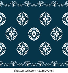 Vector de fondo étnico Ikat. Patrón tribal sin fisuras de diamante de formas geométricas blancas sobre fondo azul oscuro. Diseño de alfombra, papel pintado, fondo, envoltura, ropa, tela.