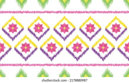 Ikat ethnic background vector. seamless pattern of pink flower, green leaves and geometric shapes on white background. Design for carpet, wallpaper, background, backdrop, fabric.