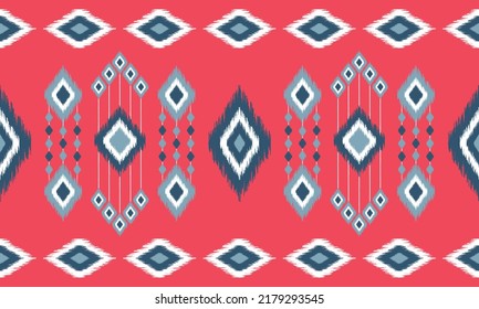 Ikat ethnic background vector. Seamless pattern in white, blue, dark blue square shapes on pink background. Design for background, wallpaper, clothing, fabric, wrapping.