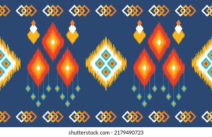 Ikat ethnic background vector. Seamless pattern in white, orange,red, blue square shapes with colorful tassels on dark blue background. Design for background, wallpaper, clothing, fabric, wrapping.
