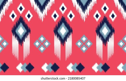 Ikat ethnic background vector. Seamless pattern of white, blue, dark blue geometric shapes on pink background. Design for wallpaper, carpet, clothing, wrapping, fabric.