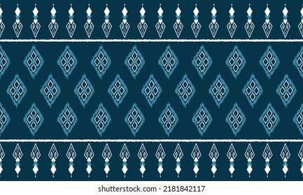 Ikat ethnic background vector. Seamless pattern in white, blue square shapes on dark blue background. Design for fabric,clothing,home decor,wallpaper,wrapping,ornament.