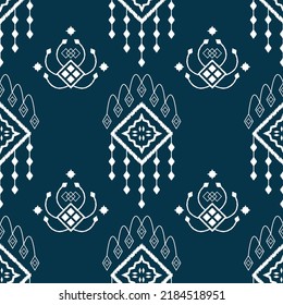 Ikat ethnic background vector. Seamless square pattern of white geometric shapes on navy blue background. Design for carpet, wallpaper, background, backdrop, fabric.