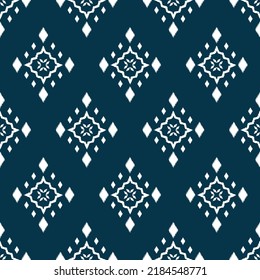 Ikat ethnic background vector. Seamless square diamond pattern of white geometric shapes on navy blue background. Design for carpet, wallpaper, curtain, clothing, fabric.