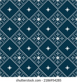 Vector de fondo étnico Ikat. Patrón sin foco de formas geométricas blancas y flor sobre fondo azul marino . Diseño de alfombra, papel pintado, fondo, envoltura, ropa, tela.