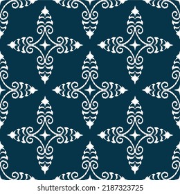 Ikat ethnic background vector. Seamless diamond pattern of white geometric shapes in ancient flower concept on navy blue background. Design for carpet, wallpaper, background, wrapping,clothing, fabric