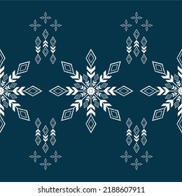 Ikat ethnic background vector. Seamless pattern of white geometric shapes in flower and snowflake concept. Design for carpet, wallpaper, background, wrapping,clothing, fabric.