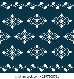 Vector de fondo étnico Ikat. Patrón sin foco de formas geométricas tribales blancas sobre fondo azul marino.