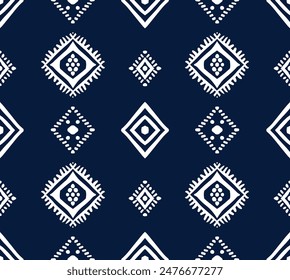 Ikat ethnic background vector. Seamless square diamond pattern of white geometric shapes on navy blue background. Design for carpet, wallpaper, curtain, clothing, fabric