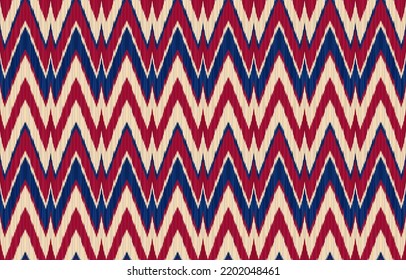 Ikat ethnische Gewebe zigzag Wellenmuster. Geometrischer Stamm afrikanische Vintage Retro-Stil. Design für dekorative Kulissen, endlose Textur, Stoff, Kleidung, Textilien, Stickereien, Teppich. Vektorgrafik.