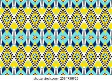 Ikat Ethnic Geometric Pattern Design, seamless, repeat, Ikat surface pattern, tribal, vintage, abstract, traditional, folk, zigzag, diamond, blue, green, yellow, black, textile, print, fashion, mosaic