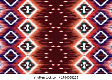 Ikat ethnic Indian seamless pattern design. Aztec fabric carpet mandala ornament native Americans African textile chevron wallpaper. Geometric boho texture vector illustrations background.