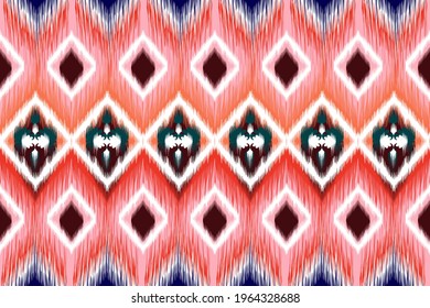 Ikat ethnic Indian seamless pattern design. Aztec fabric carpet mandala ornament native Americans African textile chevron wallpaper. Geometric boho texture vector illustrations background.