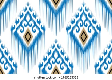 Ikat ethnic Indian seamless pattern design. Aztec fabric carpet mandala ornament chevron textile decoration wallpaper. Boho geometric native African American texture vector illustrations background.