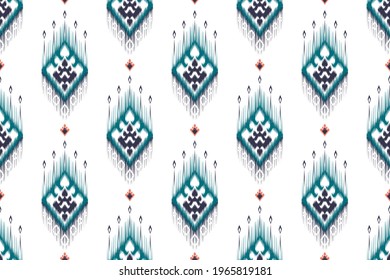 Ikat ethnic Indian seamless pattern design. Aztec fabric carpet mandala ornament chevron textile decoration wallpaper. Boho geometric native African American texture vector illustrations background.