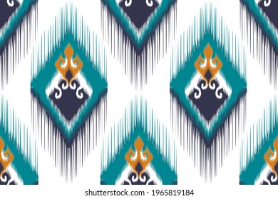Ikat ethnic Indian seamless pattern design. Aztec fabric carpet mandala ornament native boho African American textile decoration wallpaper. Geometric chevron texture vector illustrations background.