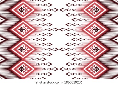 Ikat ethnic Indian seamless pattern design. Aztec fabric carpet mandala ornament native boho African American textile decoration wallpaper. Geometric chevron texture vector illustrations background.