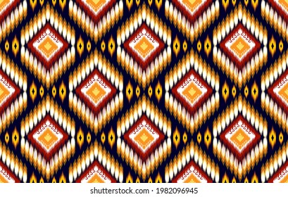 Ikat ethnic Indian seamless pattern design. Aztec fabric carpet mandala ornament native boho chevron textile decoration. Geometric embroidery patterns vector illustrations background.