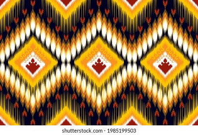 Ikat ethnic Indian seamless pattern design. Aztec fabric carpet mandala ornament native boho chevron textile decoration. Geometric embroidery patterns vector illustrations background.