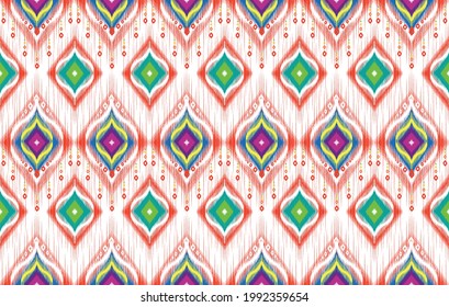 Ikat ethnic Indian seamless pattern. Aztec fabric carpet mandala ornament native boho chevron textile decoration. Geometric African American texturetraditional embroidery vector illustrations.