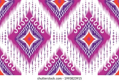 Ikat ethnic Indian seamless pattern design. Aztec fabric carpet mandala ornament native boho chevron textile decoration. Embroidery ikkat traditional fashion vector illustrations patterns.