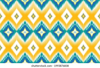 Ikat ethnic Indian seamless pattern design. Aztec fabric carpet mandala ornament native boho chevron textile decoration. Embroidery orientalist traditional fashion vector illustrations patterns.