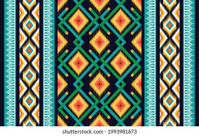 Diseño de patrones sin fisuras de la etnia india Ikat. Moqueta de tela azteca mandala adorno boho chevron decoración textil. Borde geométrico tradicional ilustraciones de vector afroamericano de fondo.