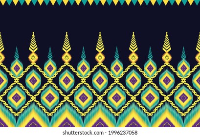 Ikat ethnic Indian seamless pattern design. Aztec fabric carpet mandala ornament boho chevron textile decoration. Geometric embroidery traditional vector illustrations African American style.