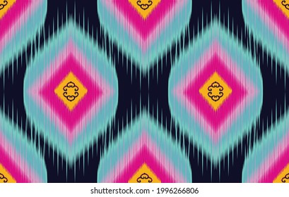 Ikat ethnic Indian seamless pattern design. Aztec fabric carpet mandala ornament boho chevron textile decoration. Geometric embroidery traditional vector illustrations African American style.