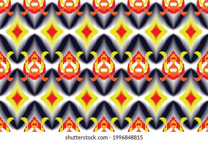Ikat ethnic Indian seamless pattern design. Aztec fabric carpet mandala ornament boho chevron textile decoration. Geometric African American style traditional embroidery vector illustrations backgroun