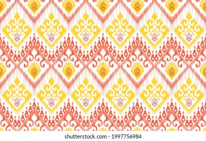 Ikat ethnic Indian seamless pattern design. Aztec fabric carpet mandala ornament boho chevron textile decoration. Geometric traditional embroidery patterns vector illustrations background.
